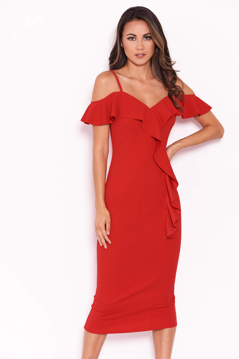 Red Midi Dress With Frill Detail – AX Paris
