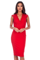 Red V-Neck Lace Midi Dress