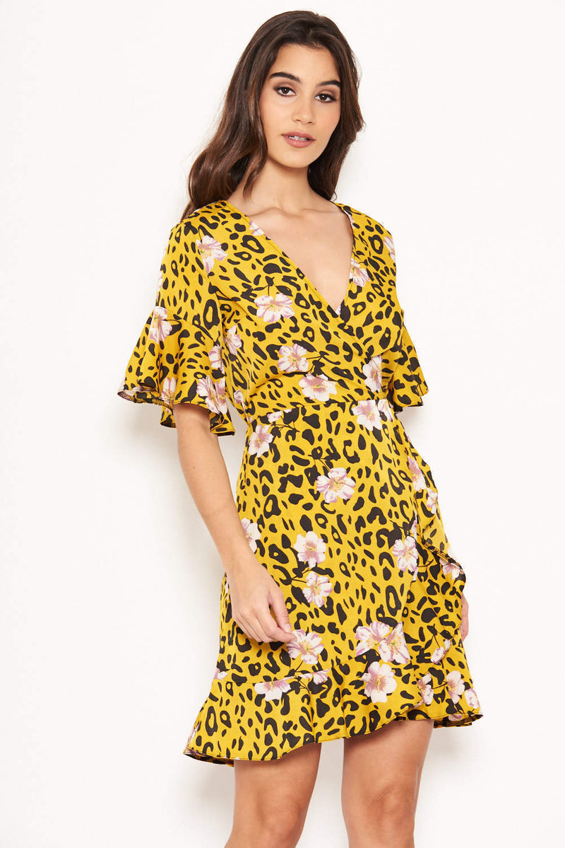 yellow leopard print wrap dress