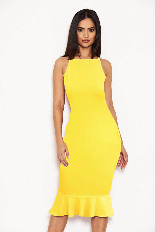 With long frill dress yellow bodycon midi floral hem with emporium from india