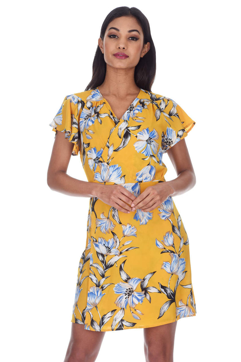 Yellow Floral Wrap Dress With Ruffled Sleeves – AX Paris