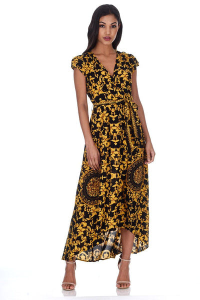 Black And Gold Patterned Wrap Over V Neck Dress – AX Paris