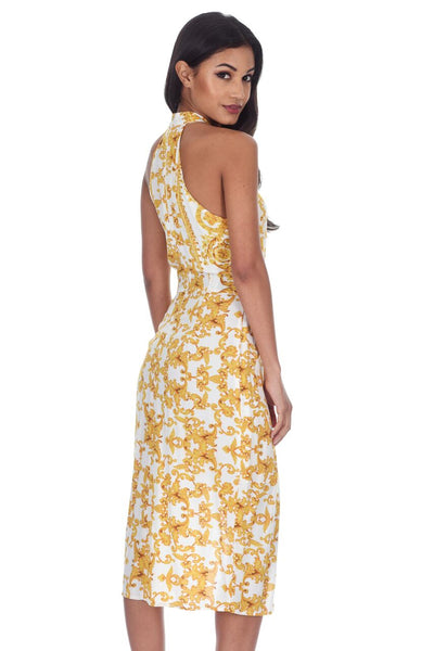 White Halter Neck With Gold Pattern Midi Dress – AX Paris