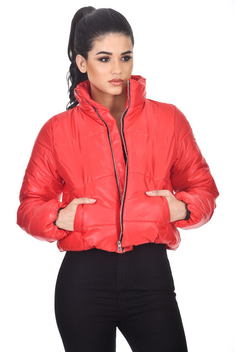 red wet look puffer coat