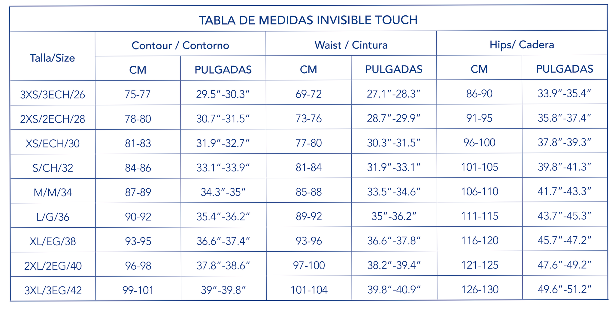 Tabla de medidas Invisible Touch