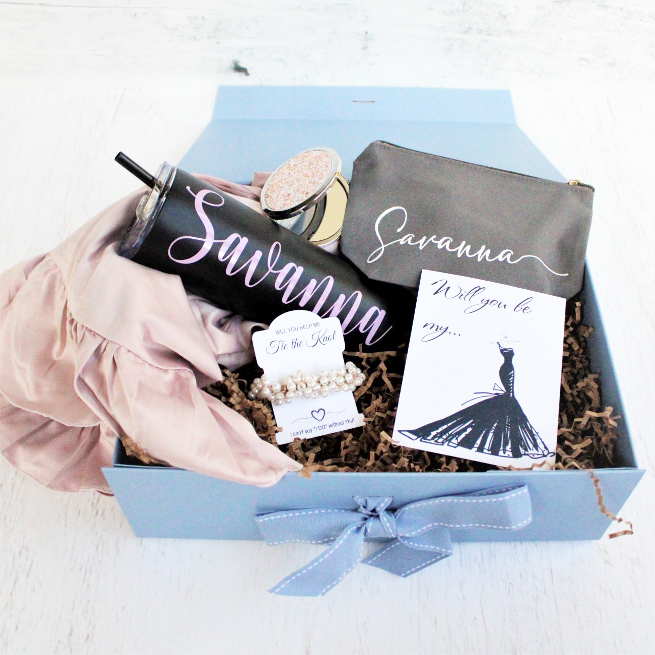 Dusty Blue Bridesmaid Proposal Box Bridesmaid Gift Bridal Party Scrunchie  Candle I Can't Say I Do Without You Will You Help Me Tie the Knot 