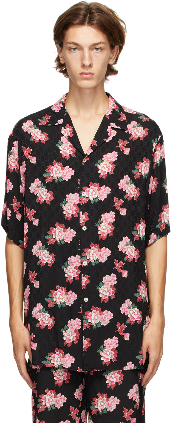 peony print silk bowling shirt