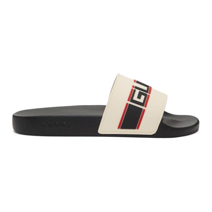 white and black gucci slides