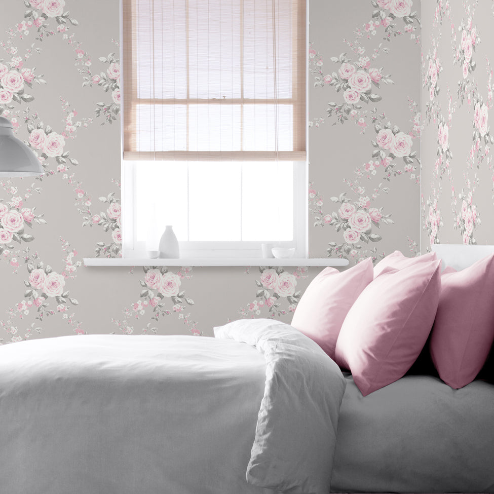 Catherine Lansfield Canterbury Grey And Pink Floral Wallpaper 165503