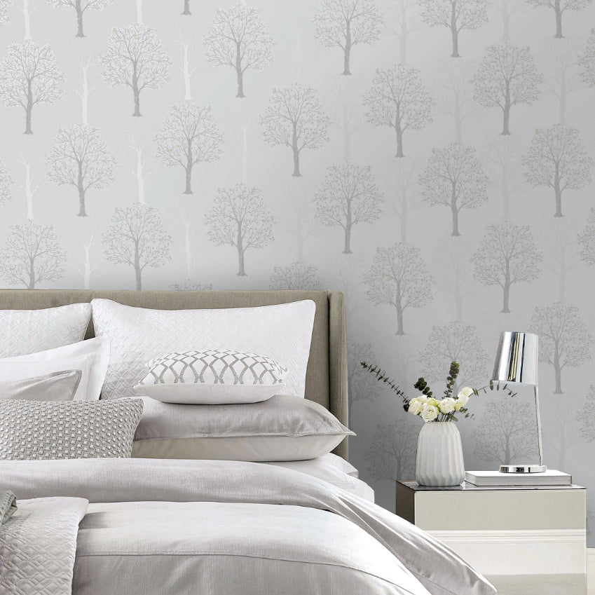 Ornella Trees Light Slate Grey Silver Wallpaper