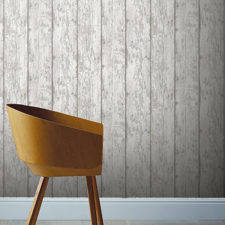 Arthouse Metallic Grey And Silver Washed Wood Panel Wallpaper