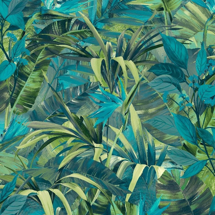 Green and Blue Leaves Wallpaper | Jungle Fever by Grandeco JF2302