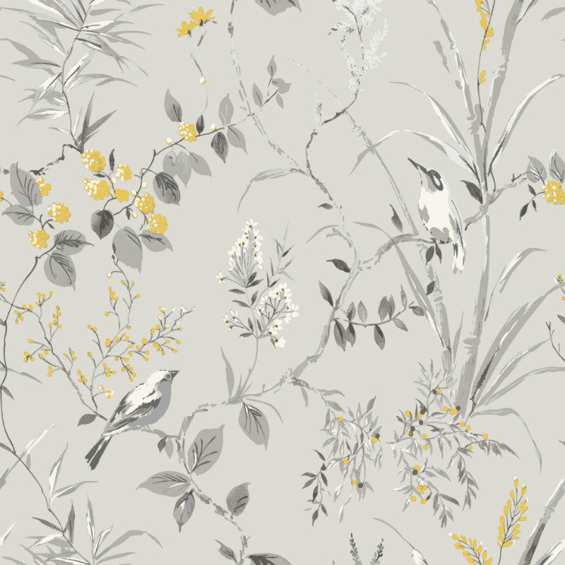 Mariko Grey and Yellow Floral Birds Wallpaper by Crown M1551