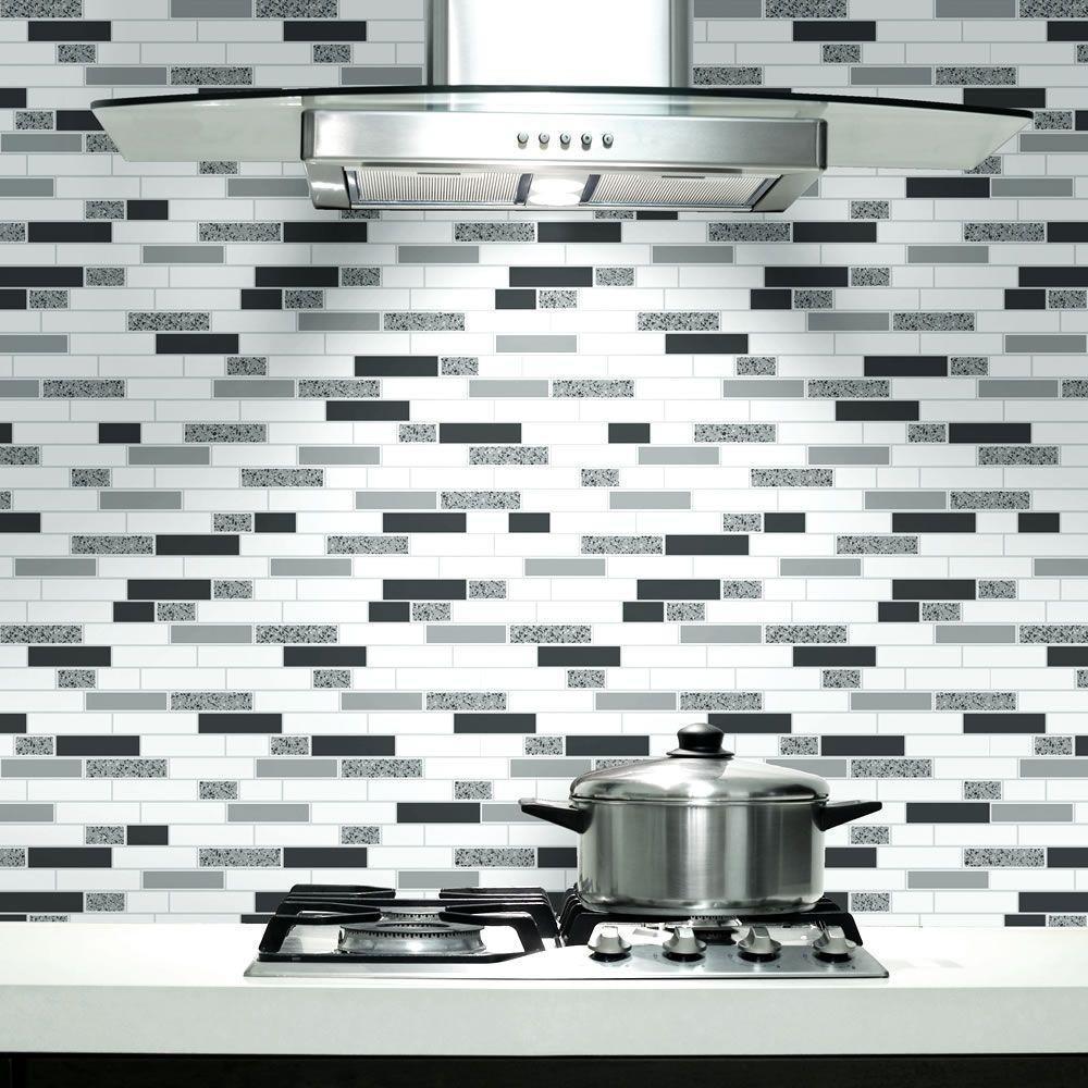 Black White And Grey Oblong Tile Effect Wallpaper For Kitchen 191