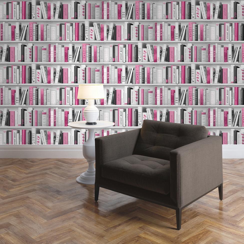 Fashion Library Pink Bookshelf Wallpaper By Muriva 139501