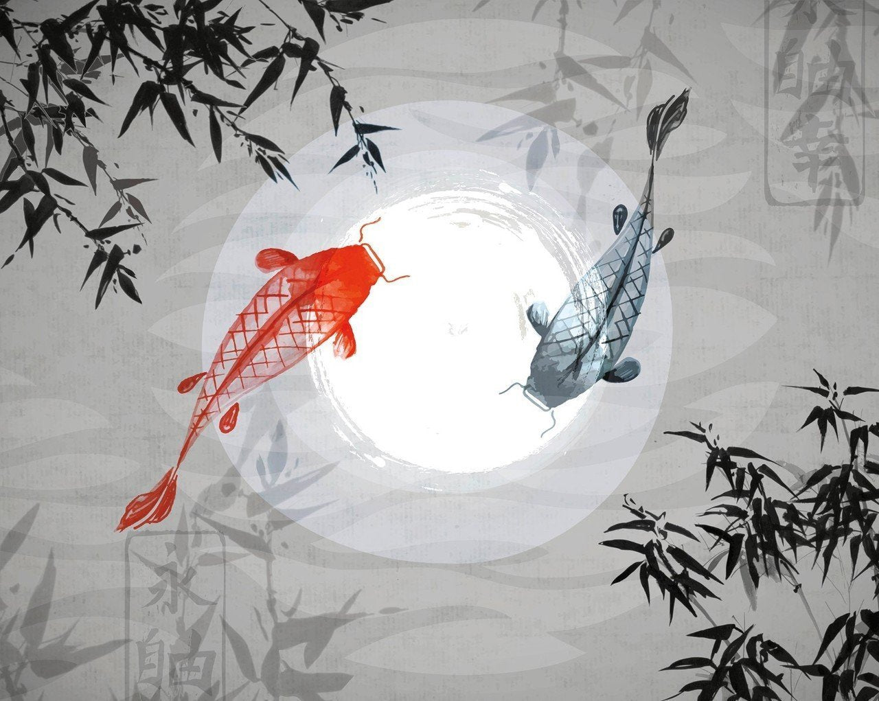 Koi Carp Wall Mural Japanese Fish In Moonlit Water Wals0234