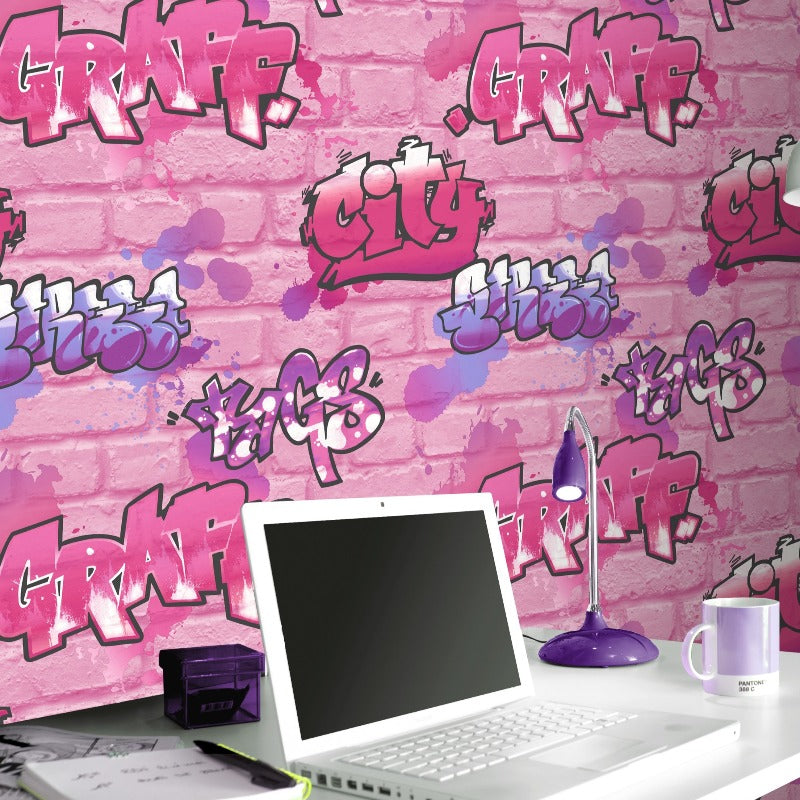 Pink Graffiti on Brick Wallpaper with Silver Glitter by ...