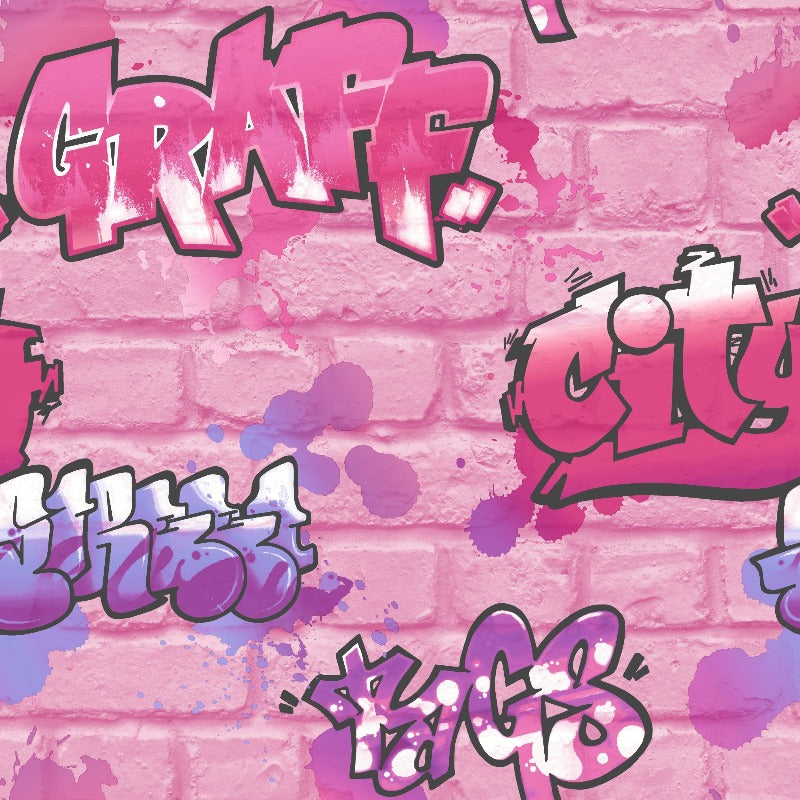 Pink Graffiti On Brick Wallpaper With Silver Glitter By Rasch