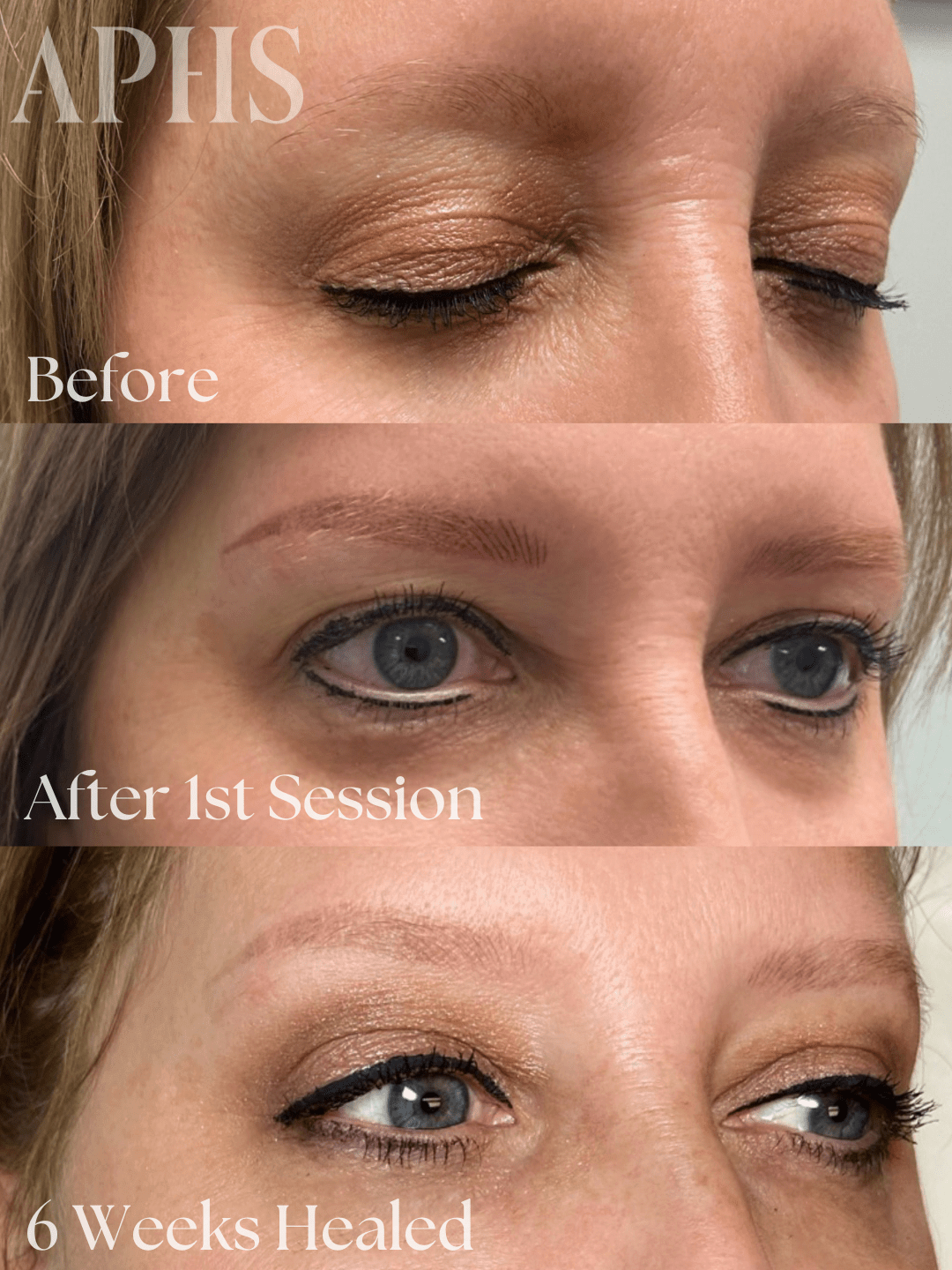 before and after photos of an eyebrow lamination. In the before, many of the hairs go downwards and there are empty patches. The after shows full fluffy brows using the existing hair to cover the bare patches.