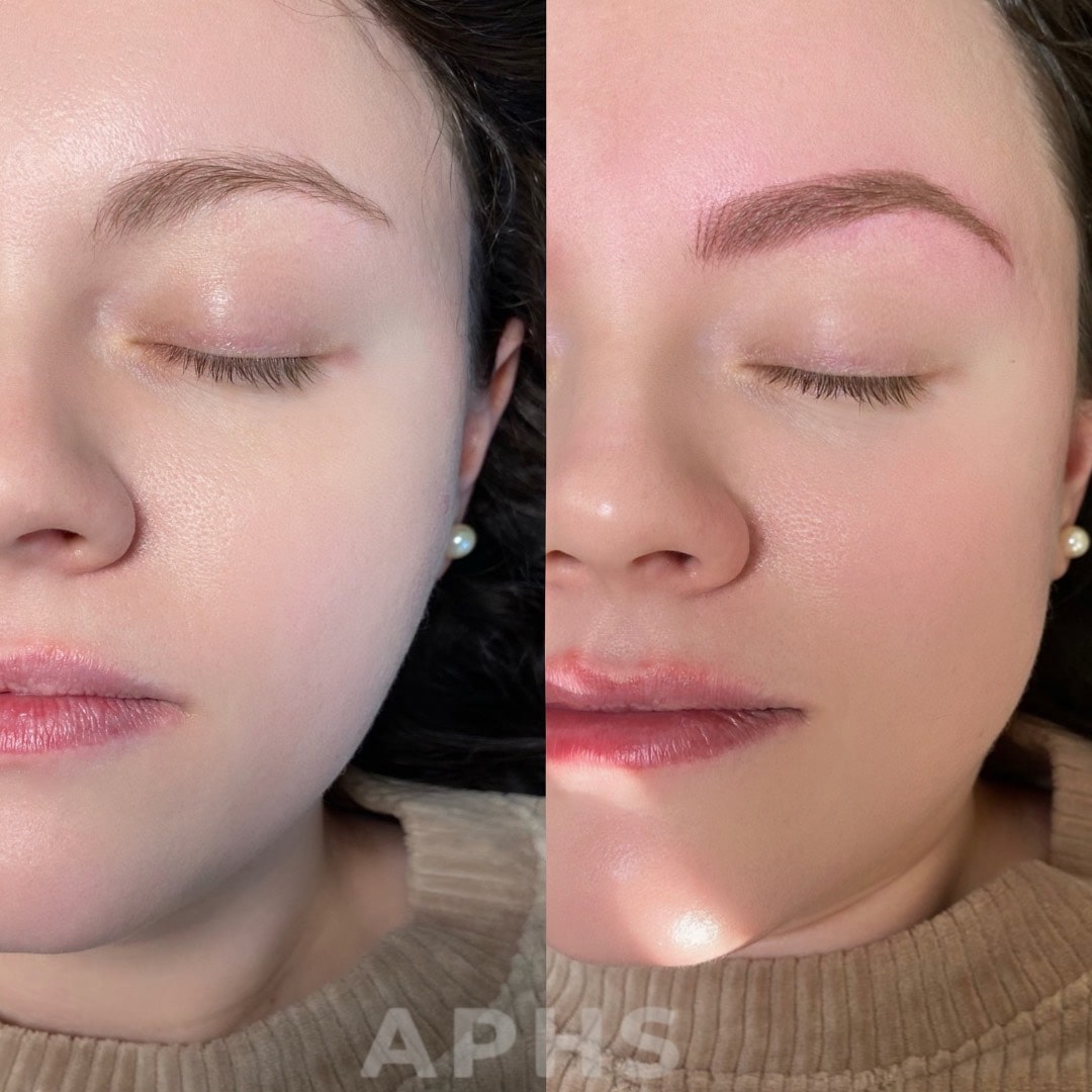 A girl with a red undertone, before and after of ombre brow session, fuller brow with better shape in the before