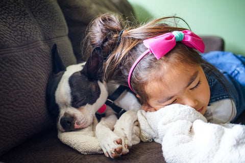 girl sleeping with a puppy