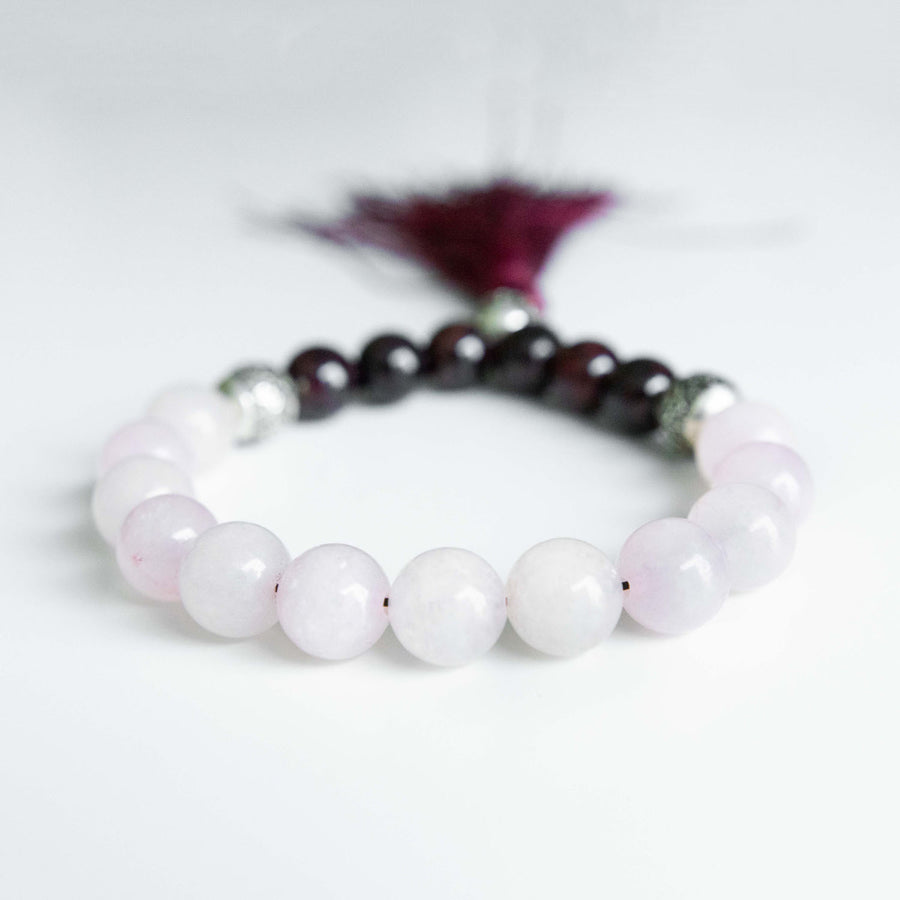 rose quartz and garnet healing gemstones tassel bracelet back view