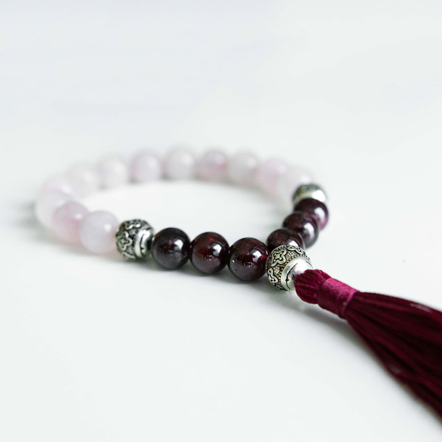 rose quartz and garnet healing gemstones tassel bracelet