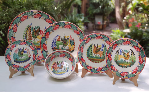 mexican dish set folk art hand made cristmas motive bird plates