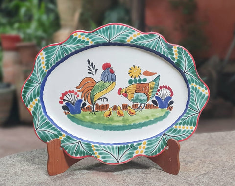 mexican pottery tray rooster motive folk art hand painted majolica mexico