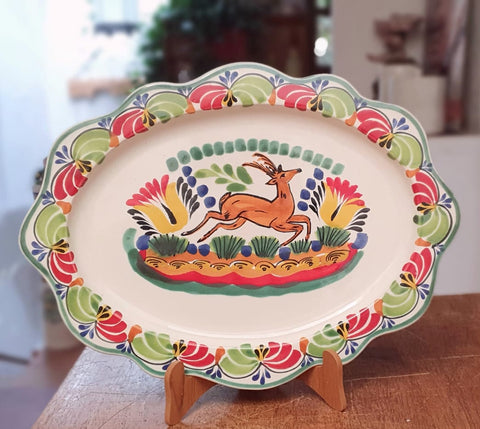 mexican tray pottery folk art deer motive hand painted by gorky workshop