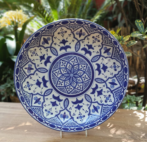 mexican platter decorative folk art hand made majolica blue colors by gorky gonzaez workshop