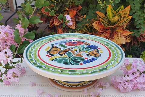 mexican table decor cake base  majolica talavera hand made mexico butterfly pattern