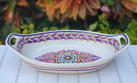 mexican-ceramic-pottery-oval-bowl-with-handle-talavera-majolica-hand-made-mexico-table-serving-flower-motive-purple