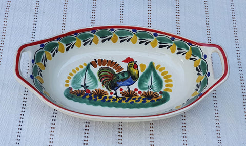 mexican-ceramic-pottery-oval-bowl-with-handle-talavera-majolica-hand-made-mexico-table-serving-rooster-design