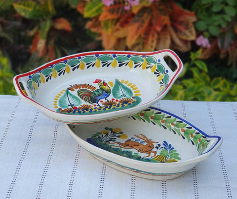 mexican-ceramic-pottery-oval-bowl-with-handle-talavera-majolica-hand-made-mexico-table-serving-rooster-deer