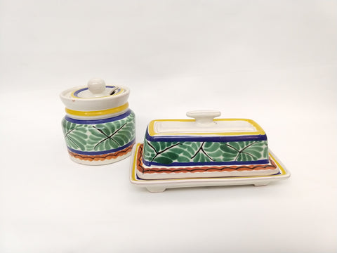 mexican pottery butterdish and Jam Jar folk art hand painted mexico