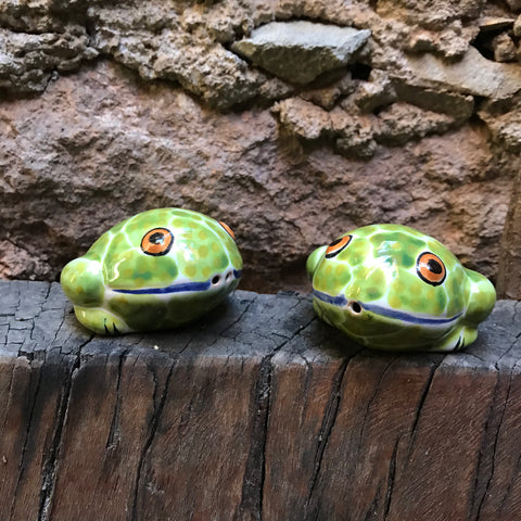 Frog Salt and Pepper Shaker-handcrafts-hand painted-Gorky Pottery-Majolica-Mexican Pottery-Gorky Gonzalez-Eat Different