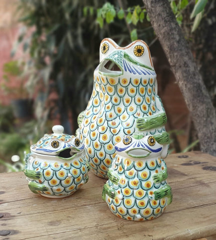 Frogs-creamer-sugar-water-pitcher-jar-ceramic-hand-painted-Mexican-Pottery-Ceramics-Handmade- Hand Painted- Gorky Pottery-Set of 3-jarra-ranas