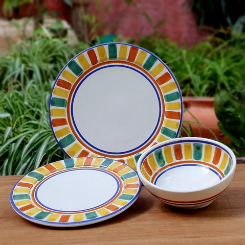 Happy stripes-plates-vajilla-handmade-GorkyPottery-TableTop-mexican ceramic pottery hand painted majolica mexico