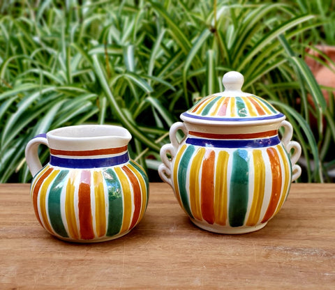 Happy stripes-sugar and creamer handmade-GorkyPottery-TableTop-mexican ceramic pottery hand painted majolica mexico