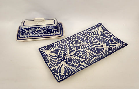 mexican set tray and butter dish majolica ceramics mexico blue talavera