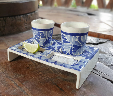 mexico ceramics pottery tequita set hand painted hand made in mexico majolica talavera blue