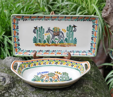Donkey-oval serving plates-rectangular tray-spoon holder-ceramic-hand-painted-Mexican-Pottery-Ceramics-Handmade- Hand Painted- Gorky Pottery-Donkey-Burro-Traditions-Table set ups-Multi colors
