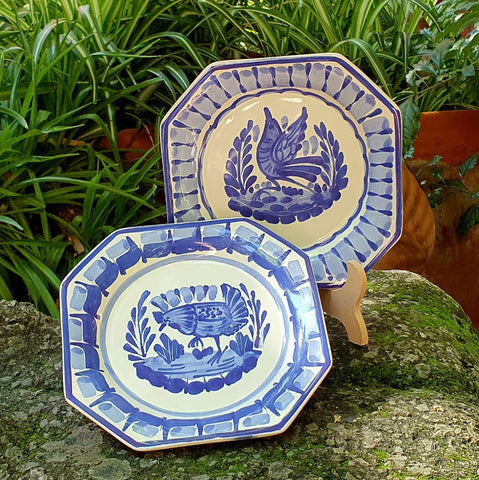 mexican-bread-plates-octagonal-bird-chicken-blue-talavera