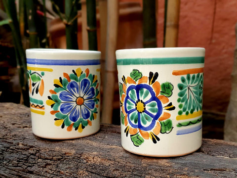 mexican-ceramic-coffee- mug-flower-hand made-hand painted-kitchen-table top-gorky pottery-coffee-drink different