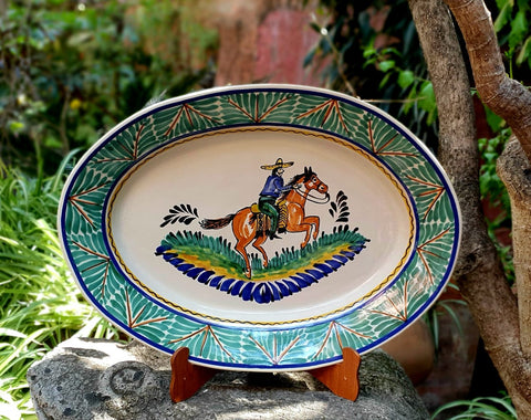 mexican-ceramic-oval-platter-horse-cowboy-hand made-hand painted-kitchen-table top-gorky pottery