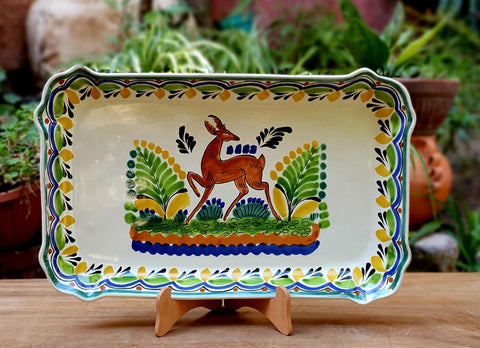 mexican-ceramic-pottery-hand-painted-deer-motive-tray-serving-tableware