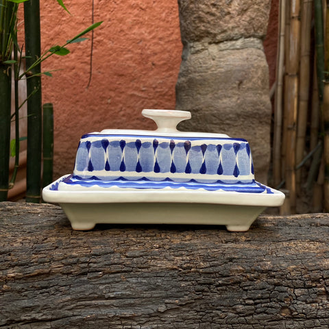 mexican-ceramics-cover-dish-blue-butter-dish-hand-painted-hand made-kithcen-cooking-mexican-pottery-ceramics