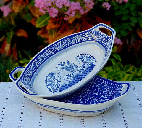 mexican-ceramics-pottery-oval-bowl-with-handle-talavera-majolica-hand-made-mexico-table-serving-bird