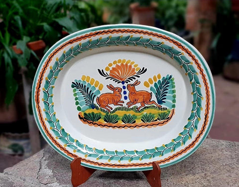 mexican-ceramics-pottery-tray-rabbit-motive-folk-art-serving-service-mayolica